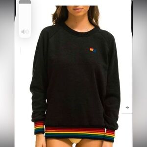 Aviator Nation Rainbow Rib Pullover Sweatshirt Heather Grey L